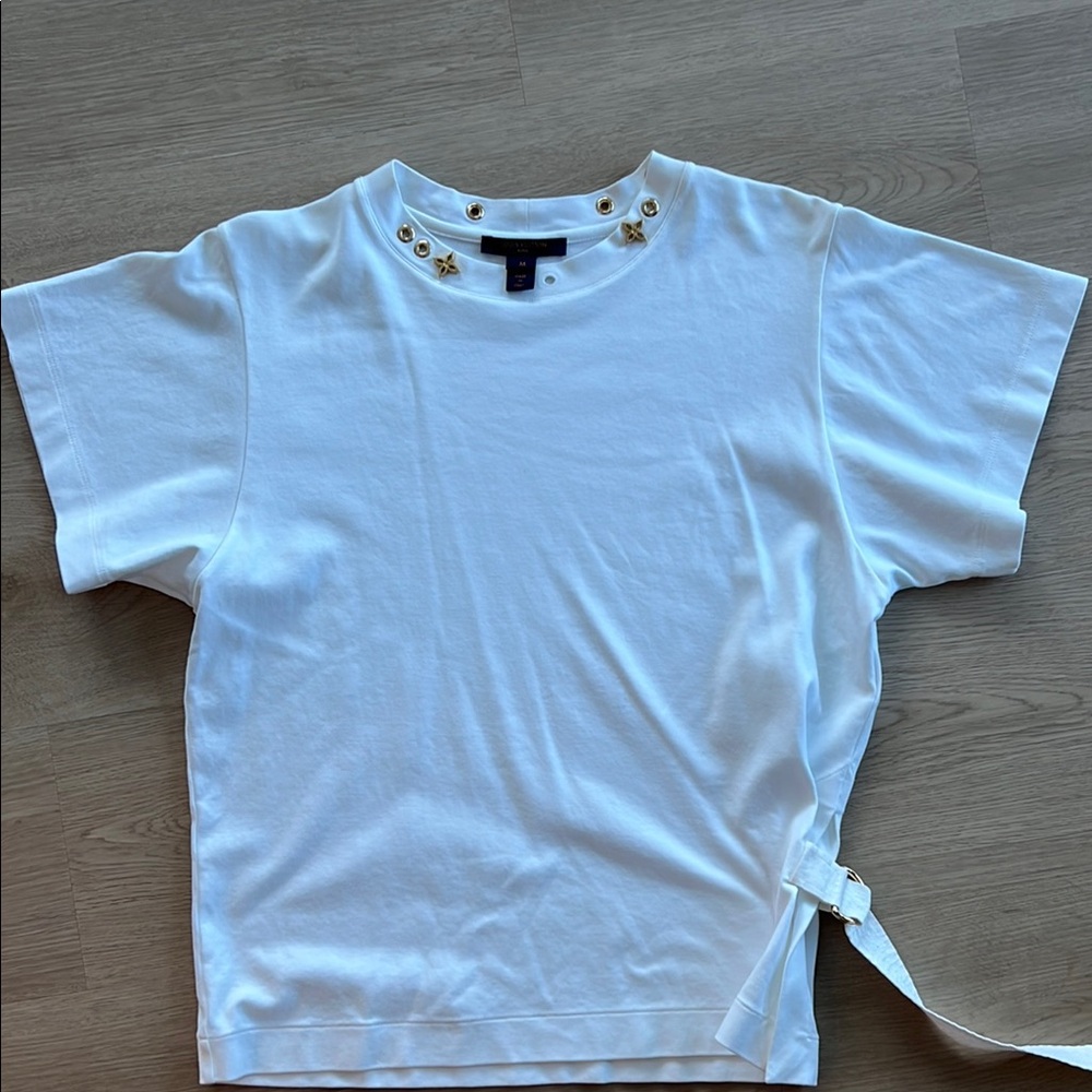 White Short Sleeve Top with Gold Accents